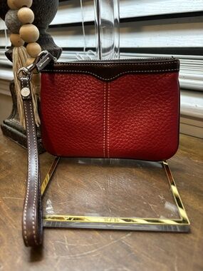 Dooney & Bourke Red Pebbled Leather Wristlet with Brown Trim